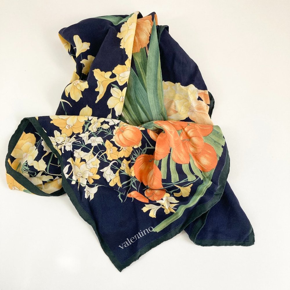 Valentino Floral Patterned Silk Scarf, Vintage Navy Background Valentino Scarf